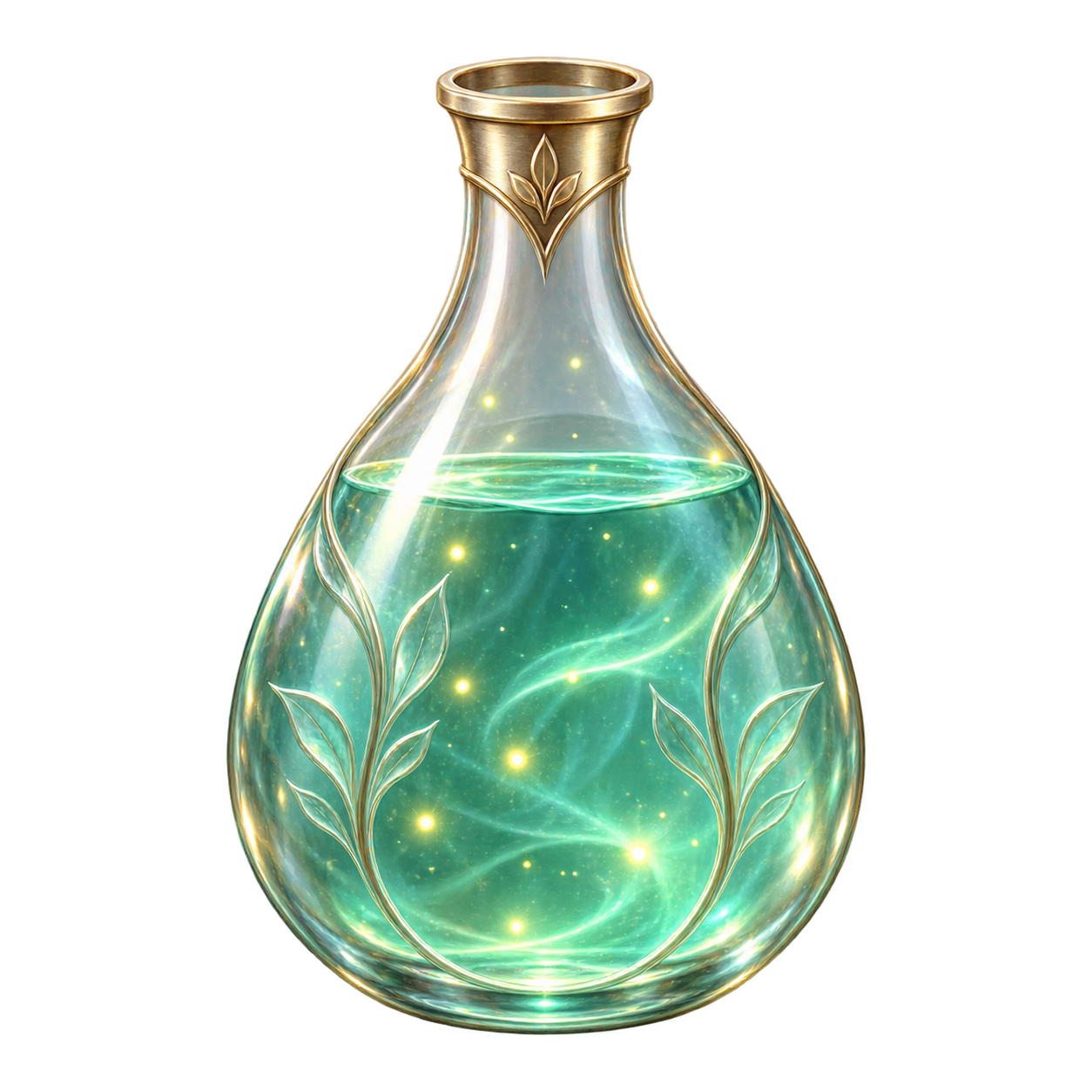 A glowing mint potion in an ornate glass bottle